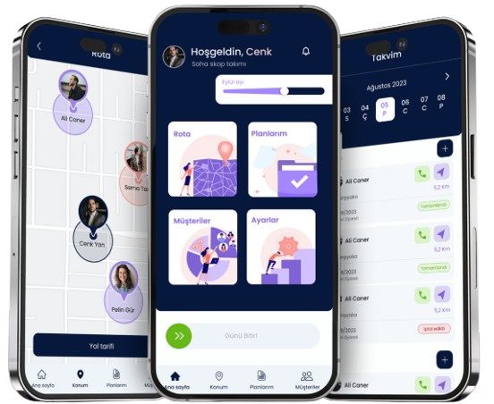 SahaSkop mobil saha satış uygulamasının rota, planlama ve görev ekranları